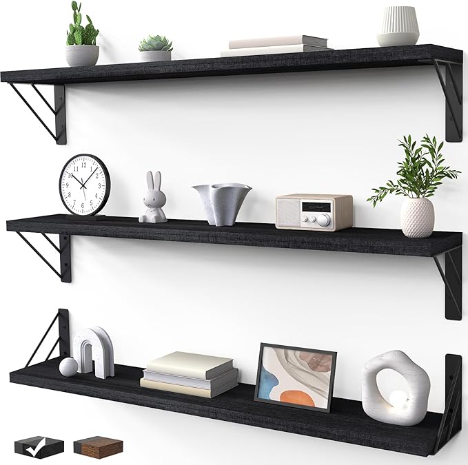 BAYKA Wall Mounted Floating Shelves, Wood Floating Wall Shelf for Books & Decor, Small Space-Saving Display & Organizer（Black，36in，Set of 3）