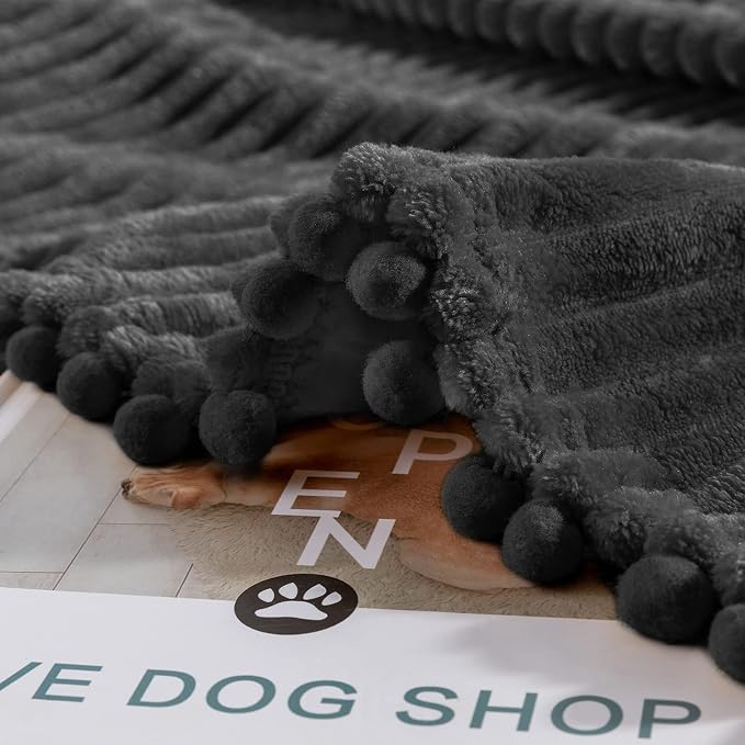 DISSA Fleece Blanket Throw Size – 51x63, Black – Soft, Plush, Fluffy, Fuzzy, Warm, Cozy – Perfect Throw for Couch, Bed, Sofa - with Pompom Fringe - Flannel Blanket Throw Blanket