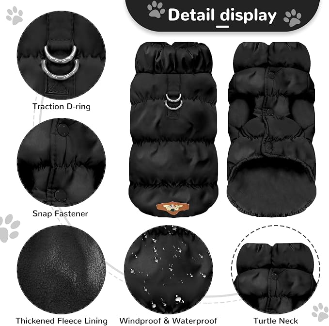 ABRRLO Winter Warm Dog Jacket for Small Medium Dogs Cat Cold Weather Coats with Harness Paded Dogs Fleece Vest Waterproof Windproof Dog Snow Jacket Pet Puppy Clothes (Black,XL)