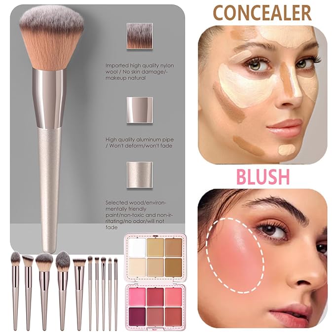 12 Colors Blush Palette, Colour Correcting Concealer Foundation Palette, 10 Makeup Brush Set, Highlighter Bronzer Contour Concealer Cream Matte Long Lasting Brightening Face Cosmetics