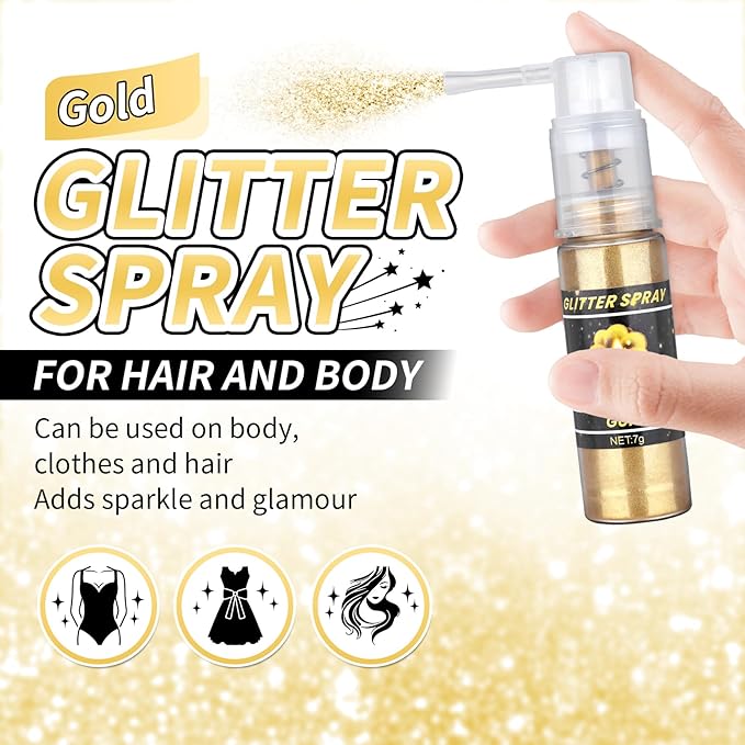 Gold Body Glitter Spray, Shiny Glitter Spray for Hair Body and Clothes, Long-Lasting Sparkle, Holographic Ultra Fine Shimmer Powder Glitter Hairspray for Rave Prom Makeup Halloween Crafts