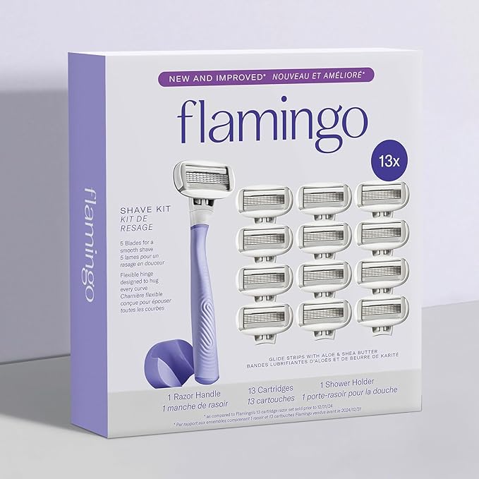 Flamingo Razors for Women, 1 Women's Razor Handle (Lilac), 13 Razor Five-Blade Refills, and 1 Shower Holder