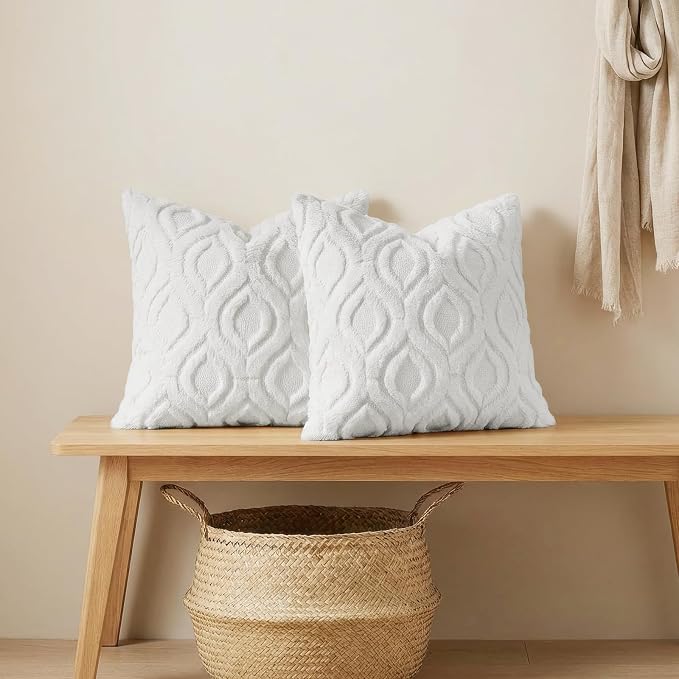 decorUhome Faux Fur Plush Soft White Throw Pillow Covers 24x24 Set of 2 | Wool Solid Fall Couch Pillow Covers, Accent Modern Farmhouse Neutral Decorative Square Pillow Cases for Sofa Bed Living Room