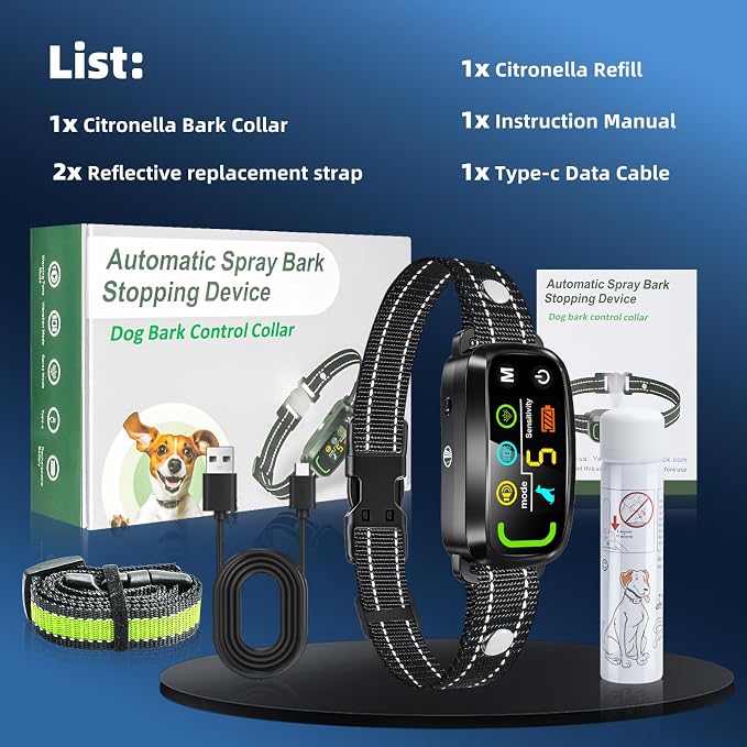 Citronella Bark Collar for Dogs, 5 Training Modes & Levels, 1 Spray Refill | Anti Barking Training Collar, beep/vibration/spray modes, IP65 waterproof, for S/M/L Citronella Dog Collar, with 2 straps