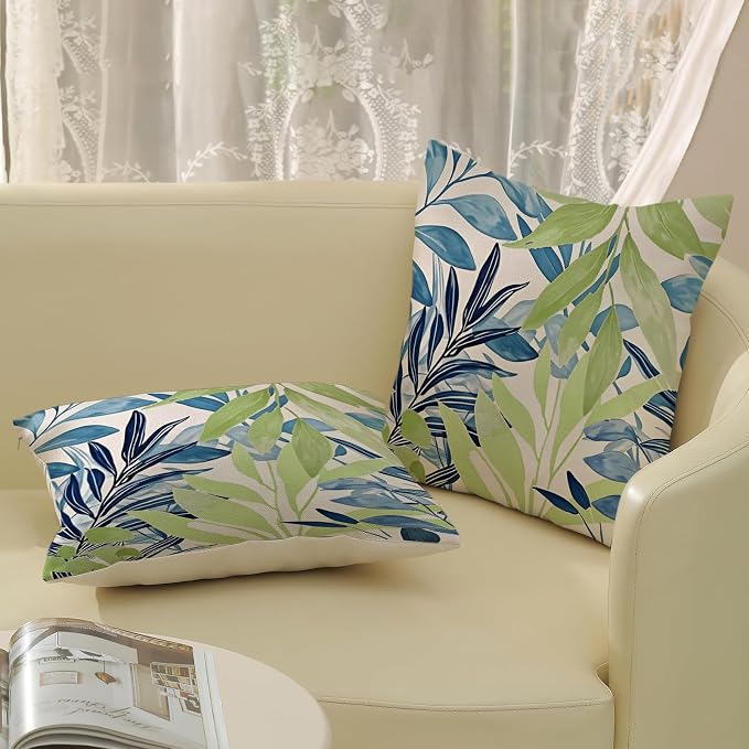 Summer Pillow Covers 18x18 Inches Set of 2 Sage Green Blue Leaves Throw Pillow Covers Outdoor Modern Spring Summer Leaf Decoration Pillowcase Farmhouse Decorative Cushion Cover for Sofa Couch