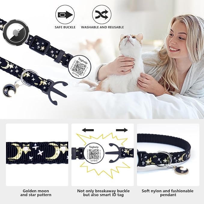 Waterproof Airtag Cat Collar, Breakaway with Stars and Moon with AirTag Holder for Apple. Solid & Safe, Pet Collar, Smart ID tag Cat Collar, Scan QR for Instant Location Alerts.NO APP (Pink B)