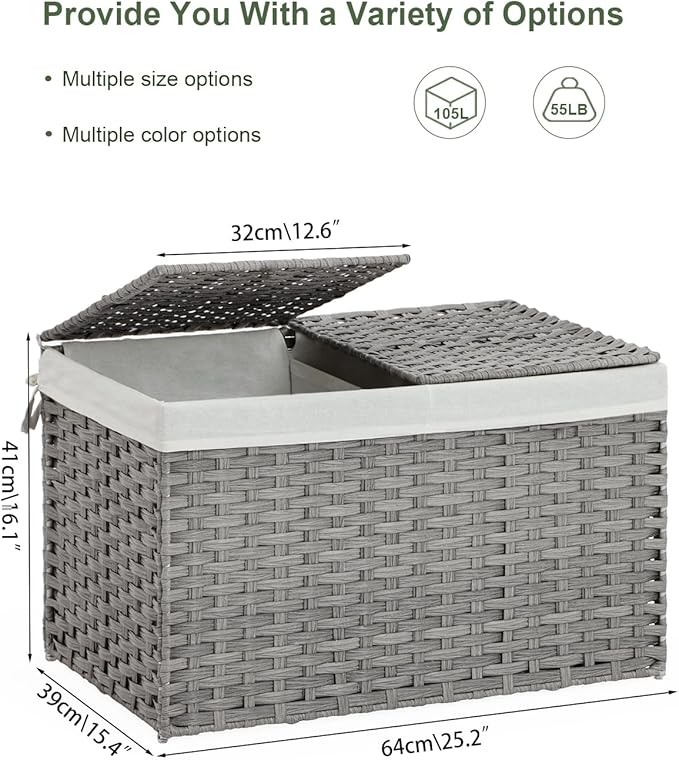 SETVSON Storage Basket with Lid PE Rattan 27.8 Gal Wicker Chest, Gray | 105L Woven Wicker Baskets with 2 Separate Lids, 2 Removable, washable linings, Sturdy Iron Frame, 25.2 x 15.4 x 16.1 Inches