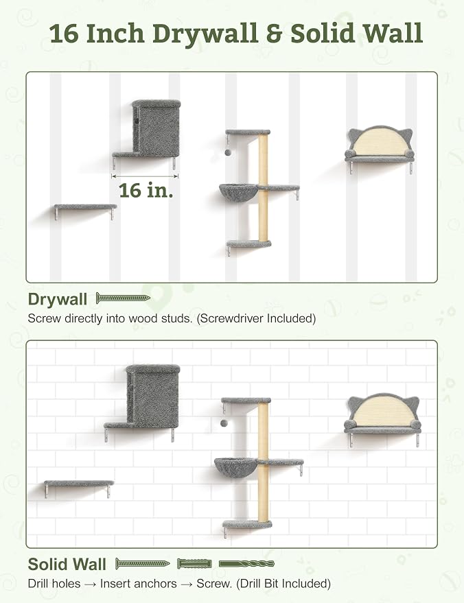 5-in-1 Cat Wall Shelves, Solid Wood Cat Wall Furniture Set for Indoor Cats | 44 lb per Shelf, 72-Hour Load Tested, Pre-Drilled, Fits 16 in. Stud Drywall & Solid Walls, for Small to Medium Cats