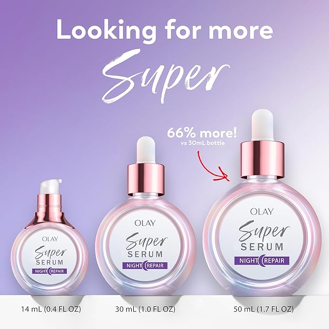 Olay Super Serum Night Repair, Fragrance-Free Trial Size - Niacinamide, Peptide, Salicylic & Lactic Acid, Glycerin - 5-in-1 Skin Care Benefits - Hydrating, Reduces Dark Spots, Anti-Aging, 0.4 Oz