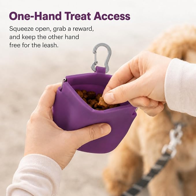 Silicone Dog Treat Pouch for Pet Training One-Hand Access One Cup Silicone Treat Bag with Pull Tab and Auto Closing Lid Treat Pouches for Leash(Color: Purple)