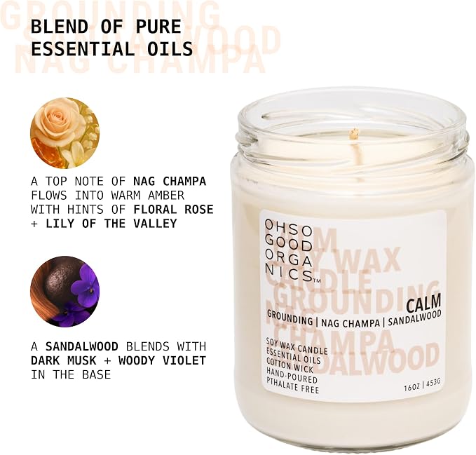 Scented Soy Wax Candle for Home with Hints of Nag Champa, Sandalwood, and Essential Oils, Soy Candles Non Toxic, Aromatherapy Candles, 16oz, 60 Hours Burn Time, Calm Scent