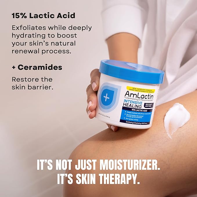 AmLactin Intensive Healing - Therapeutic Body Cream for Extremely Dry Skin - No-Scrub Exfoliator and Moisturizer with 15% Lactic Acid AHA and Ceramides, 12 oz (Packaging May Vary)