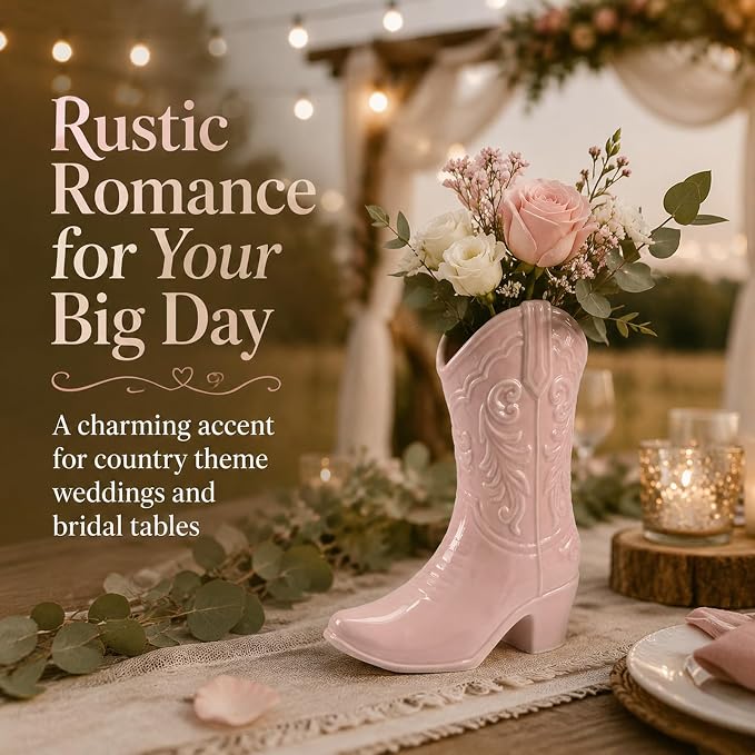 9.13 Inch Pink Ceramic Cowgirl Boot Vase, Unique Western Style Cowboy Boot Vase for Modern Country Home Decor, Wedding Table Centerpiece, Living Room, Bedroom, Office, Gift for Women