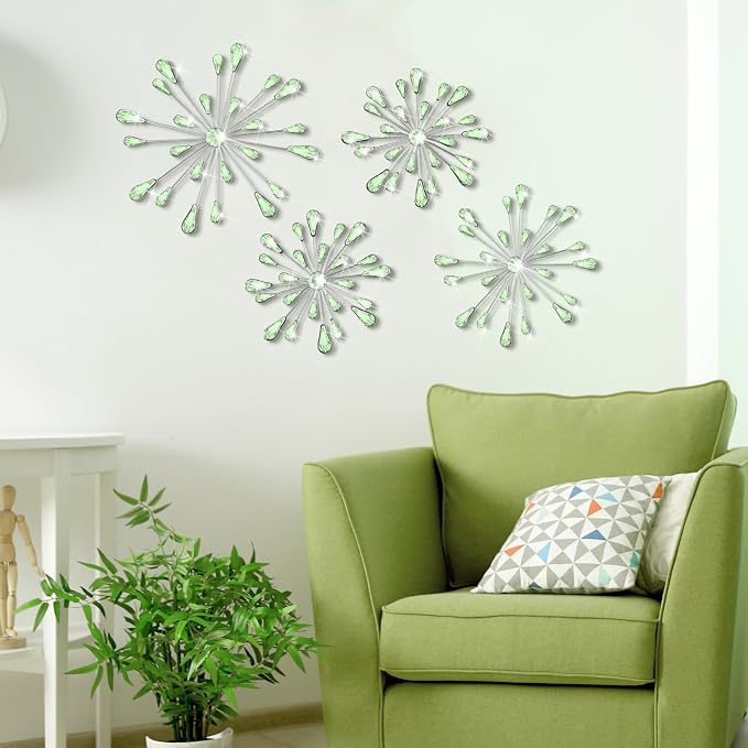 Hicarer 4 Pcs Starburst Wall Decor Bling Wall Art Crystal Teardrop 3D Hanging Rhinestone Radial Metal Artwork Modern Accent Sculptures Decorations for Living Room Home Office Bedroom(Green)