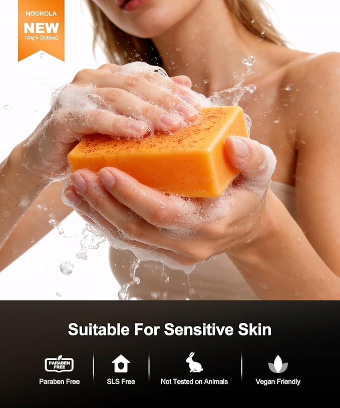 Lemon Turmeric Kojic Acid Soap, 4 Pcs Turmeric Soap Bar Infused with Hyaluronic Acid, Vitamin C，E, Shea Butter for Face & Body Deeply Clean, 3 Foam Nets