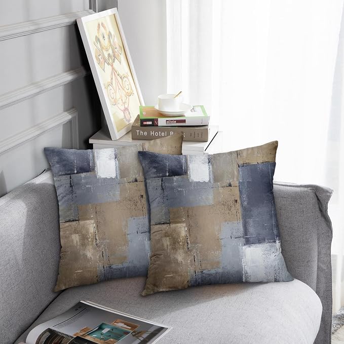 Throw Pillow Covers Set of 2, 18 x 18 Inch, Blue Brown Grey Taupe | Abstract Modern Art Outdoor Decorative Square Pillow Cases Couch Cushion Case for Couch Bed Sofa Living Room Home Decor