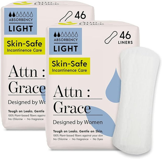 Attn: Grace Panty Liners for Women - 92 Liners – for Light Urinary Incontinence, Bladder Leakage or Postpartum - 100% Breathable & Plant-Based Materials Active Odor Control, Free from Harsh Chemicals