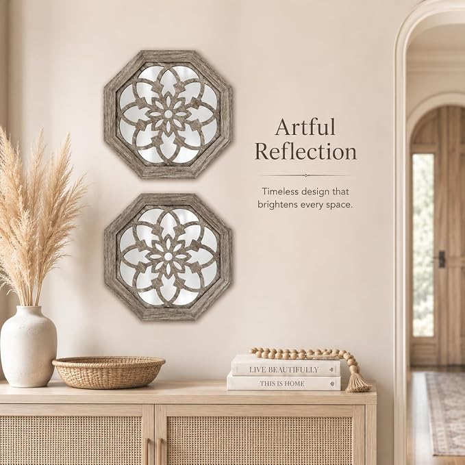 2 Pack 12 Inch Octagon Brown Rustic Wood Frame Acrylic Wall Mirrors, Farmhouse Boho Wall Art Decor for Living Room, Bedroom, Hallway, Entryway, Bathroom & Office