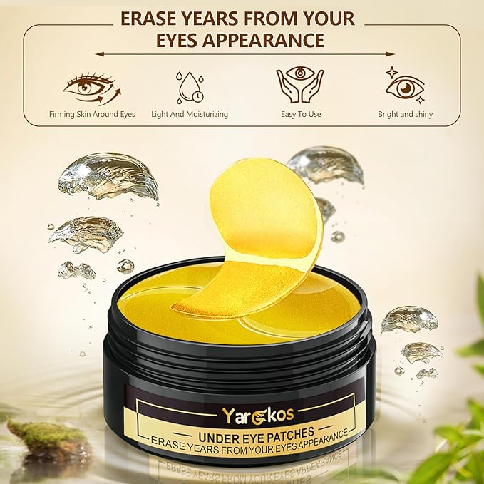 60 Pcs 24K Gold Under Eye Patches, 30 Pairs Undereye Mask for Puffy Eyes Dark Circles Treatment, Collagen Gel Pads Hydrating for Eye Bags Puffiness Wrinkle, Women Men Beauty Skin Care Products
