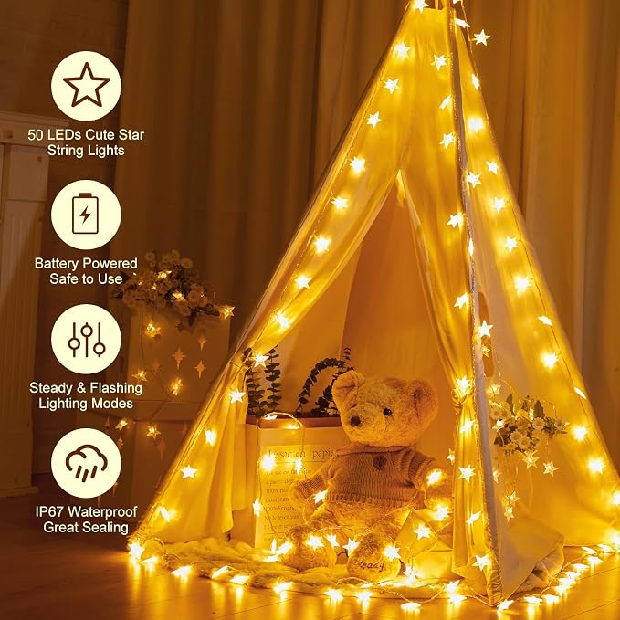 Minetom Star String Lights Battery Operated - 17 ft 50 LED Star Fairy String Lights with Timer, Waterproof for Indoor Bedroom Tent Loft Bed Patio Party Wedding Decor, Warm White