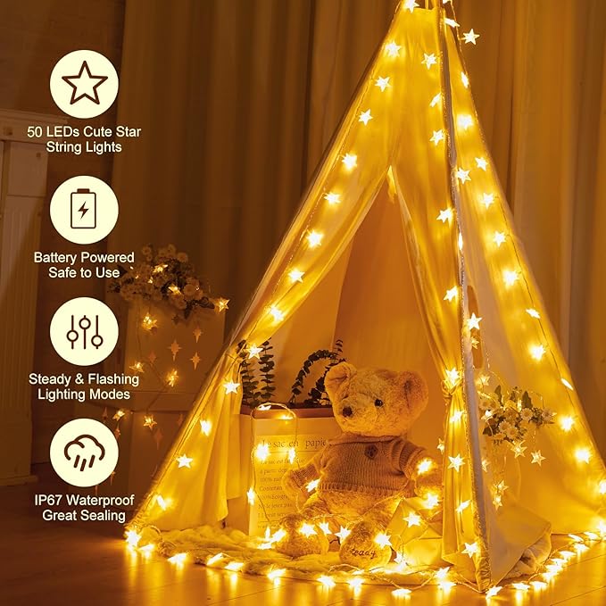 Minetom Star String Lights Battery Operated - 2 Pack 17 ft 50 LED Star Fairy String Lights with Timer, Waterproof for Indoor Bedroom Tent Loft Bed Patio Party Wedding Decor, Warm White