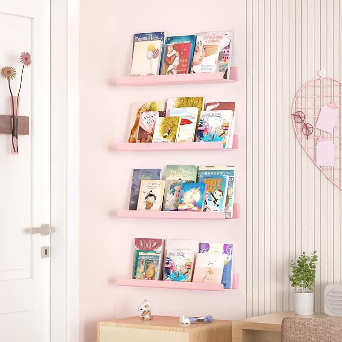 upsimples 4 Pcs 15" Acrylic Shelves for Wall Decor and Display, Pink | Cute Floating Shelf for Perfume, Skincare, Nail Polish, Wall Organizer for Bedroom, Living Room, Playroom, Room Décor