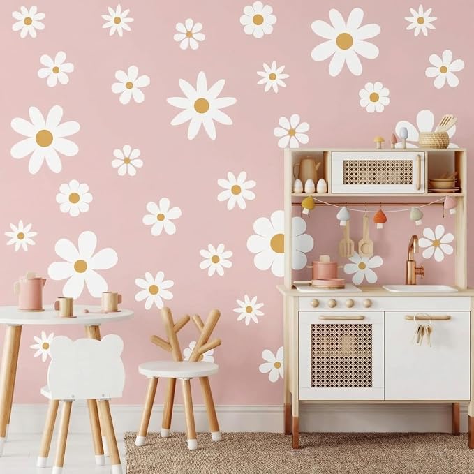 TaoBary 12 Sheet Daisy Wall Sticker Decal,White, Yellow,Classic Style | Big Flower Wall Sticker, Pink White Floral Decal, Daisy Bedroom Room Decor, Removable Peel and Stick, Nursery Home Wall Decor