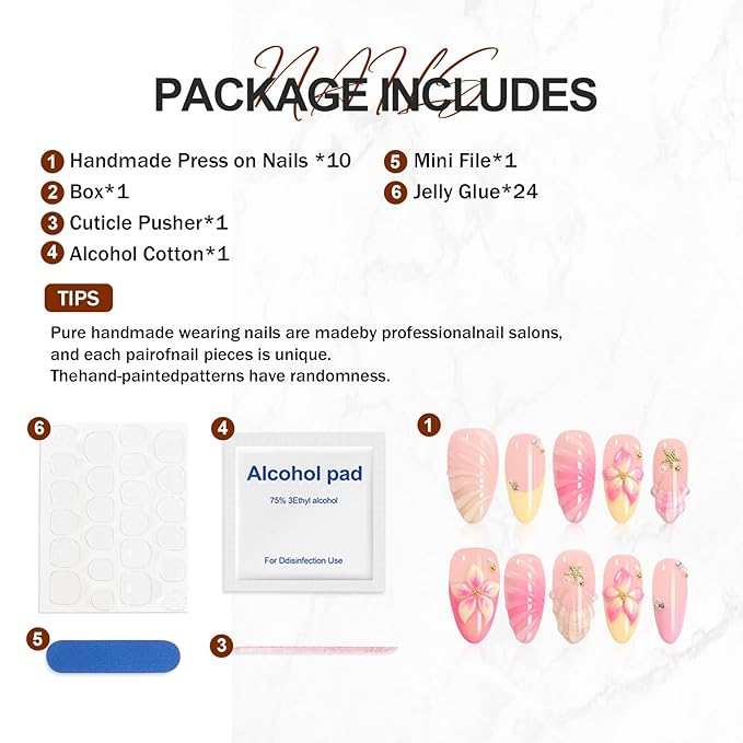 Handmade Press on Nails Almond with French Tips, 3D Flowers Pearl Water Ripple Design Fake Nails, Summer Beach 10pcs Acrylic Nail Kit, Gifts for Women