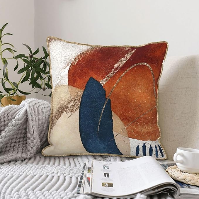 Navy Blue Burnt Orange Velvet Pillow Covers 20x20 Inch Boho Geometric Mid Century Throw Pillows for Couch Farmhouse Cushion Covers Pillowcase Modern Abstract Pillow Cases For Sofa Bed Outdoor Decor
