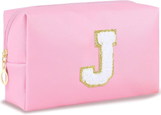 URSKYTOUS Gifts for Teacher Initial Makeup Bag Personalized Cosmetic Bag Cute Travel Toiletry Bag Small Chenille Letter PU Makeup Pouch Organizer Preppy Birthday Gift for Daughter Teen Girls (Pink J)