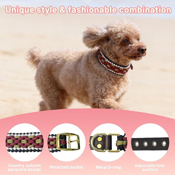 Rustic Autumn Weave Braided Paracord Wide Dog Collar, Adjustable Collar for Medium Large Dogs, Stylish Pet Gear for Boys Girls Dog, M