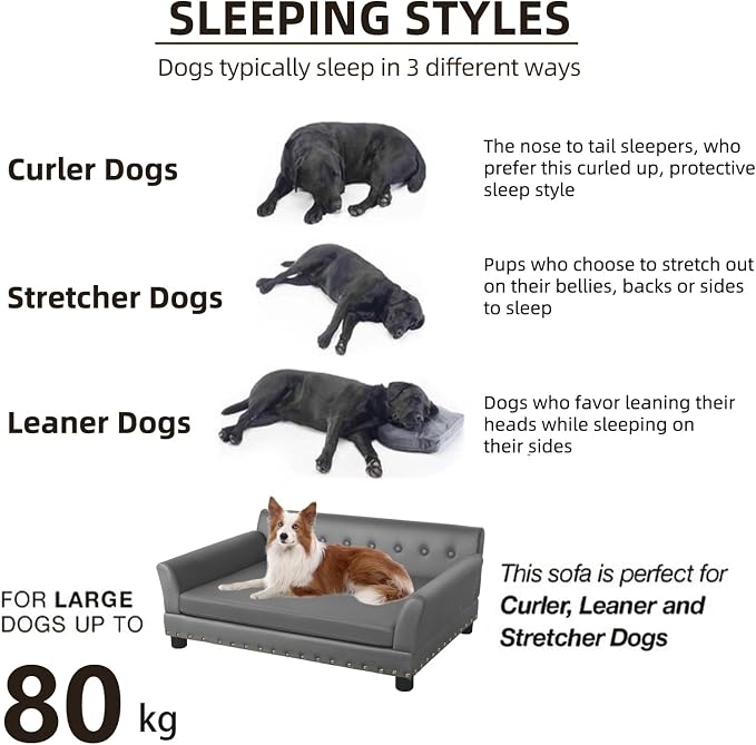 Large Leather Dog Sofa: Scratch Resistant Pet Couch up to 77lbs | Luxury Modern Indoor Large Dog Furniture, Elevated Wooden Frame Doggie Lounge Bed, Replaceable Cover, Easy Clean, Gray