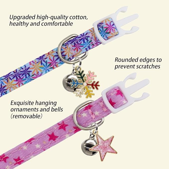 Cat Collars for Girl Cats & Boys, 2 Pack Soft Cotton Breakaway Collar with Removable Bell and Cute Charms, Adjustable Safety Pet Necklace, Colorful