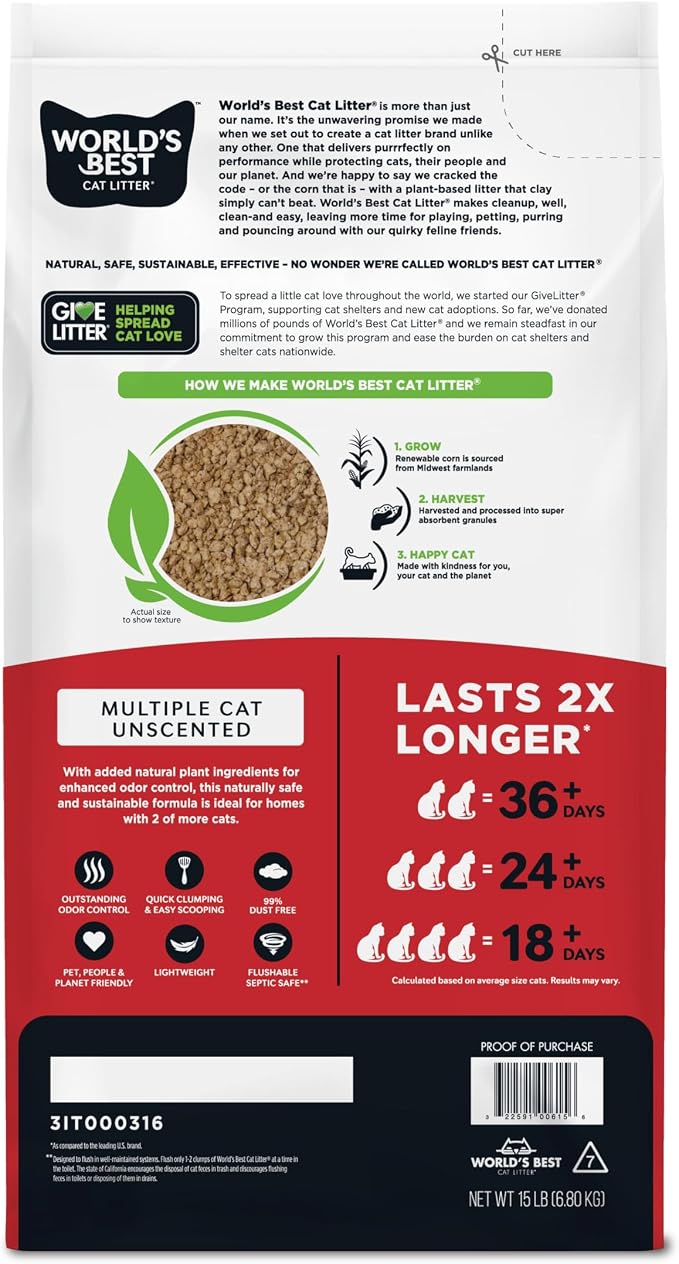 World's Best Cat Litter, Multiple Cat, Unscented, Odor Control, 15 lb Bag | Controls tough multi-cat odors and lasts 2x longer; natural corn litter, quick clumping, flushable, 99% dust free