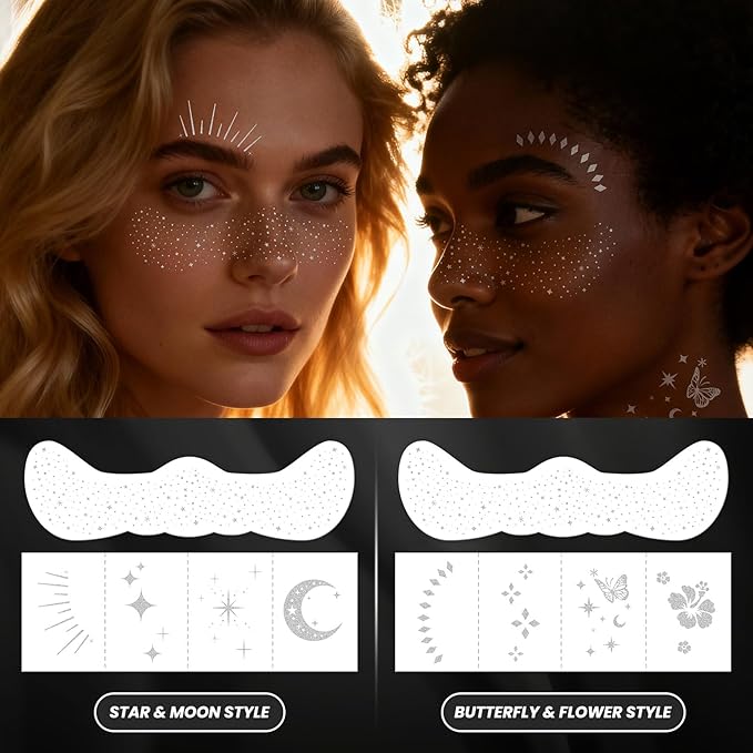 30PCS Glitter Freckles Face Tattoos & Face Gems Set, Classic Silver Glitter Temporary Tattoos Makeup Patches, Fake Freckles Face Glitter for Women’s Rave Outfits & Accessories