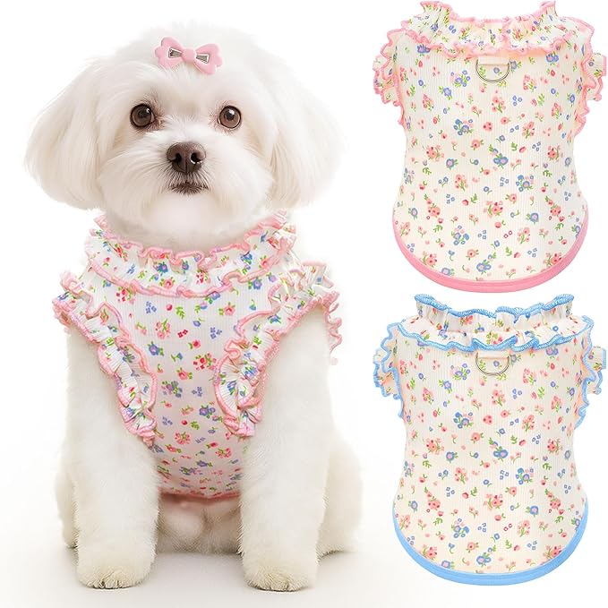 2 Pack Floral Dog & Cat Dress with Tutu Skirt - Breathable Stretch Pet Clothes for Small Dogs Girl Cats & Puppies Birthday Party Outfit (2pack,Pink&Blue,XX-Large)