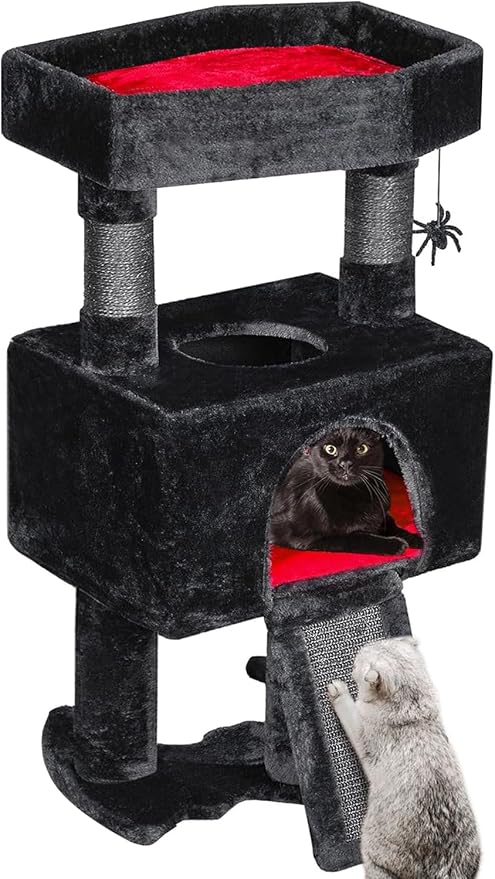 BEWISHOME Cat Tree Tower for Indoor Cats, Gothic Cat Trees with Coffin Bed | Goth Cat Tree/Condo/House with Scratching Posts, Cat Shelves with Spider Toy, Pet Play Activity Center Black with Red MMJ95R