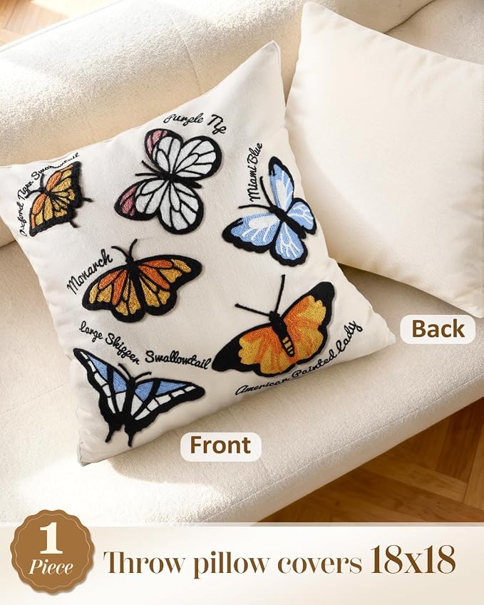 Animal Embroidered Throw Pillow Cover 18x18 Inch, Butterfly | Decorative Pillow Cover, Cottagecore Cushion Cases with Hidden Zipper, Farmhouse Decor for Couch, Sofa, Living Room