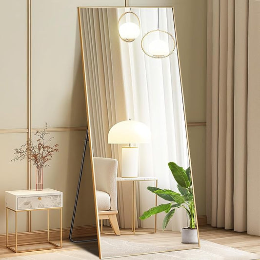 DUMOS 24"x65" Full Length Mirror with Stand, Full Body Floor Mirror | Free Standing or Wall Mount, Nano Glass Aluminum Frame, Hanging or Leaning, Modern Simple Home Decor, Gold