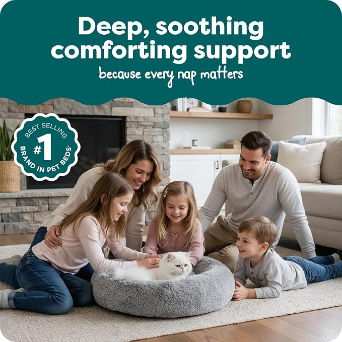 FurHaven 23" Calming Donut Dog Bed for Small Dogs & Cats, Round Plush Donut Design with Soft Filling for Snuggling Comfort, Removable Washable Cover, Small, Shaggy Faux Fur, Mist Gray