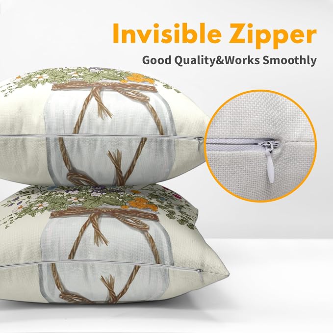 Kawani Herb Wildflowers Throw Pillow Covers 22x22 Inch Watercolor Floral Leaves Mason Jar Farmhouse Pillowcases Cotton Linen Cushion Cover for Couch Sofa Bed Seasonal Home Decor Set of 2