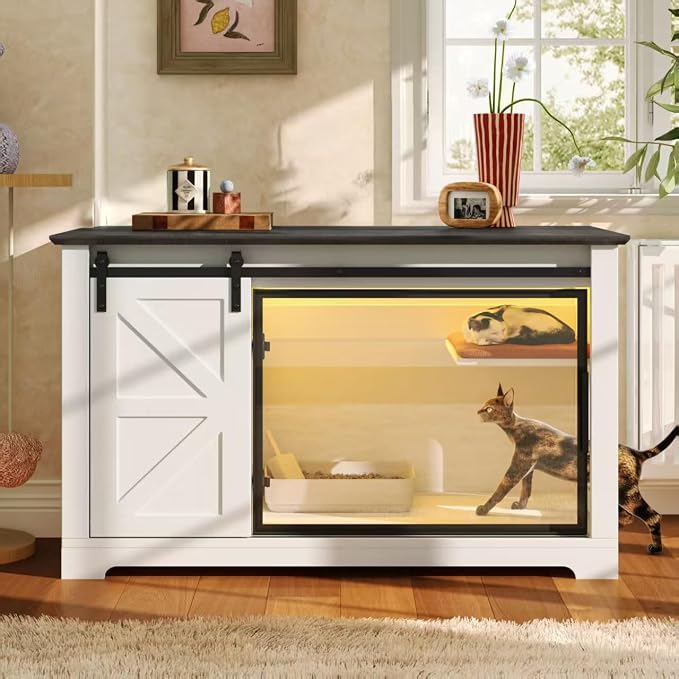 46" Cat Litter Box Furniture with LED, Hidden Litter Box Furniture with Storage, Enclosed Wood Cat House with Stairs & Smart Doors, Farmhouse, Suitable for Living Room Bedroom (46")