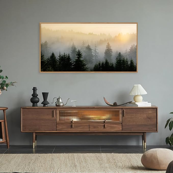 FWIEXA Misty Forest Wall Art Set Framed, Large Mountains Canvas Wall Decor, Green Nature Wall Painting, Foggy Tree Landscape Artwork 20x40 Inches for Living Room, Bedroom, Office, Gift