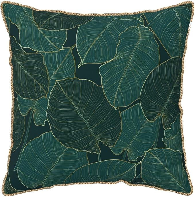 Green Gold Leaf Velvet Pillow Covers 18x18 Inch Minimalist Tropical Palm Leaves Throw Pillows for Couch Farmhouse Cushion Covers Pillowcase Plant Botanical Pillow Cases for Sofa Bed Outdoor Decor