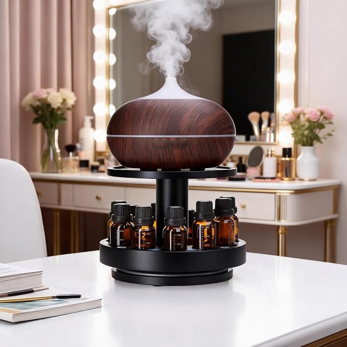 TJ.MOREE Bamboo Essential Oil Organizer 2-Tier Carousel Holder, Black | Bamboo Material, Fits 5 ml to 30 ml Essential Oil Bottles, Suitable for Home and Office Spaces