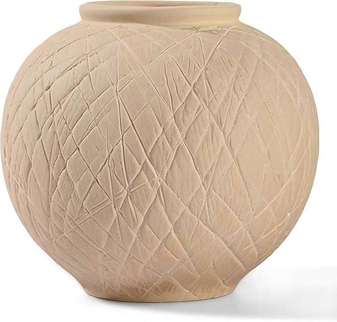 Rustic Ceramic Vintage Farmhouse Vase for Decor (Small Carved Beige) | 6'' Boho Decorative Vase for Home, Round Textured Clay Terracotta Bowl vase for Living Room, Table, Shelf, Centerpieces