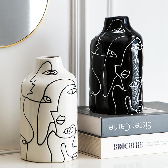 Kimdio Ceramic Vase Set, 2pcs Black and White Abstract Irregular Design Flower Vases, Modern Home Decor Living Room Decor Minimalist Decorative Vase for Pampas Grass