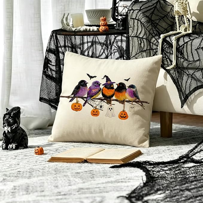 RABUSOFA Halloween Pillow Covers 18x18 Inch Halloween Decorations for Home | Watercolor Birds,,Spooky Ghost Pumpkin Bat Halloween Decor,Supplies Accessories for Home Couch Party Patio