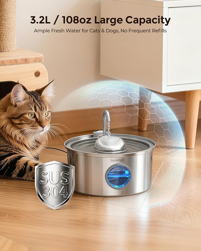 Invengo Cat Water Fountain Stainless Steel, 108oz/3.2L Pet Fountain with Large Water Level Window, Ultra Quiet Automatic Cat Water Dispenser for Cats and Dogs, 2 Flow Modes, Splash-Proof Design