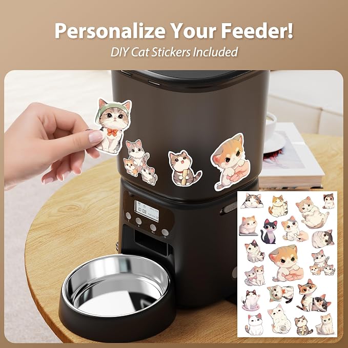 Petrice Automatic Cat Feeder, 4L/16Cups Cat Food Dispenser with Stainless Steel Bowl Programmable 30 Portions 6 Meals per Day, Timed Pet Feeder for Kitty Small Dogs with 10S Voice Record, Black